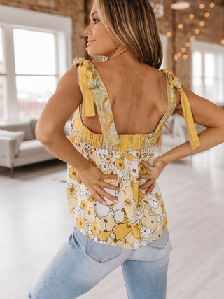 Back view of the Lil Yellow Boho Tank Top, showing the detailed self-tie straps and relaxed fit