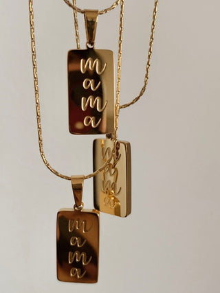 316L stainless steel dipped in 18K gold Mama engraved necklace with 16-inch chain and 2.5-inch extension.