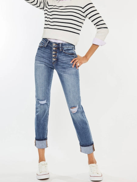  High Rise Button Fly Straight Leg Jeans  , cuffed hem, and slight destruction.