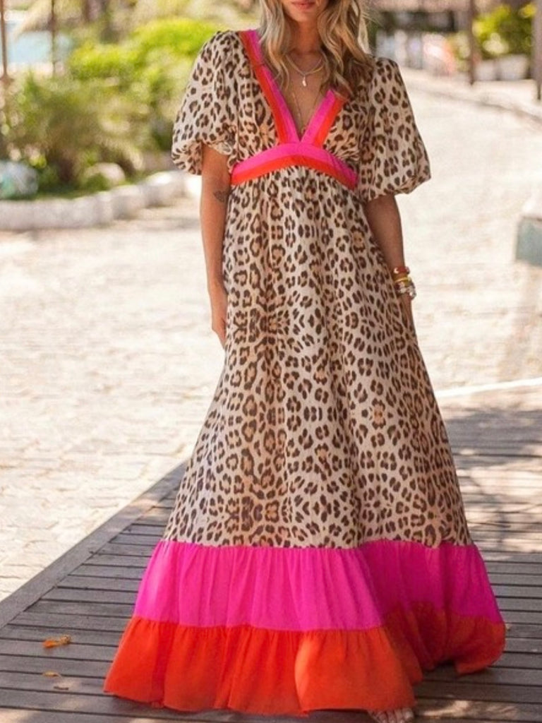 Maxi dress , combines bold leopard print with playful colour block and dramatic puff sleeves with a V-neckline