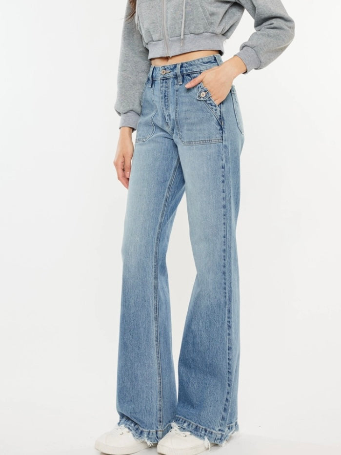 kancan jeans for women with wide pockets on the front and a flare leg