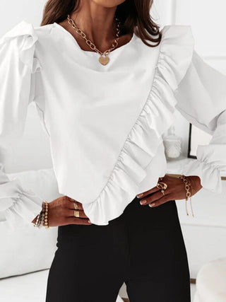 White ,100% polyester Blouse featuring an asymmetrical ruffle on the front and billowy cuffs.