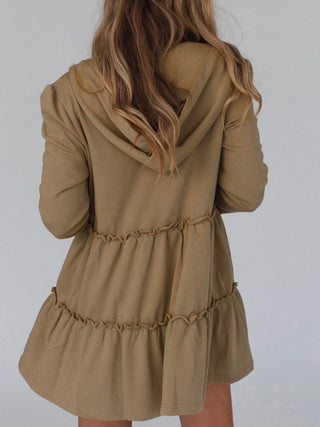 Khaki neutral, Long Fit Ruffled Hoodie , has layered ruffled design and zippered detail with drawstring hood.