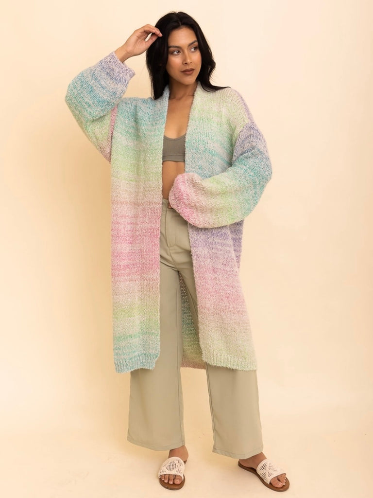  One-size- Ombre Knit Longline Cardigan with the romantic vibrant sunset ombre design.