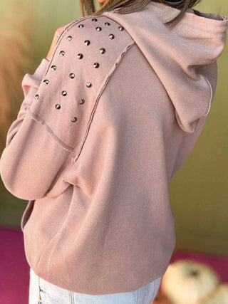 Blush  Stud + Rivet Hoodie , with rivet stud detailing on the shoulders and convenient hood and kangaroo pocket .