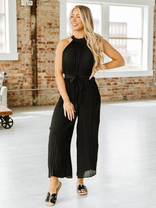 Pleated ,Black Halter style  Neck with Keyhole Back design in a wide-leg silhouette and belted waist. 