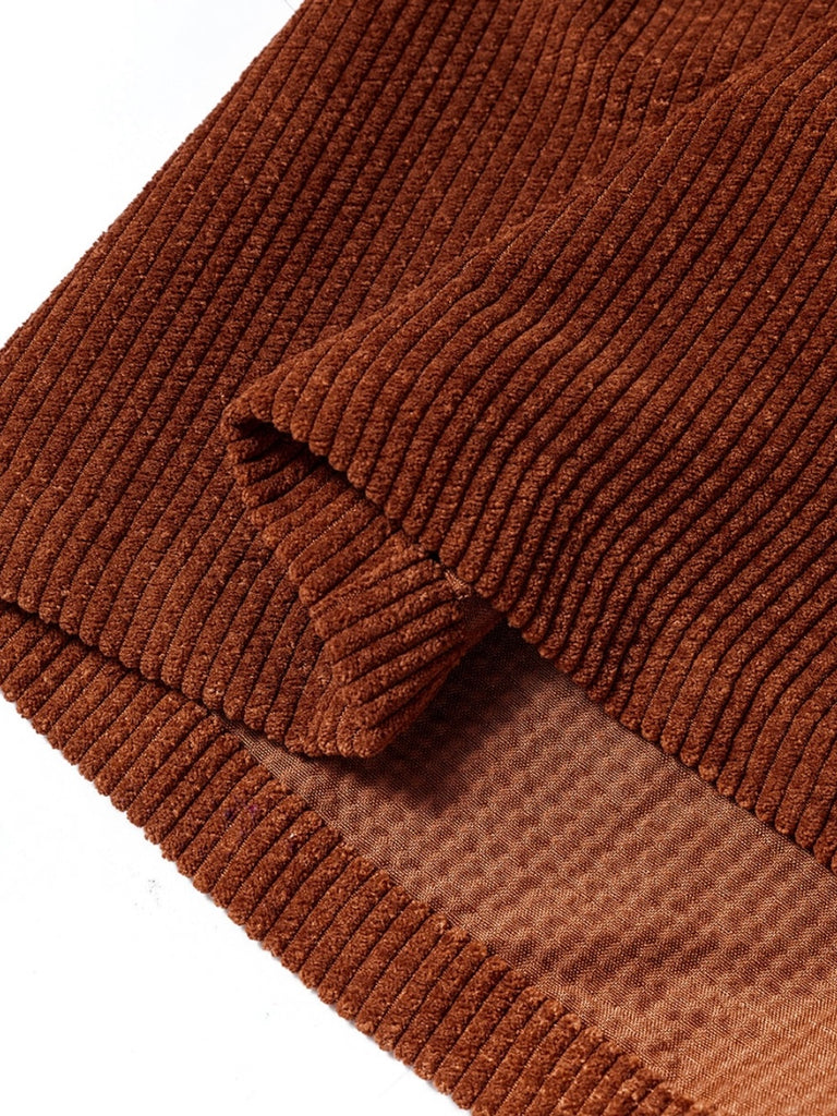 Brown Corduroy Shacket features a trendy oversized fit, with puff sleeves and a pleated back and button front.