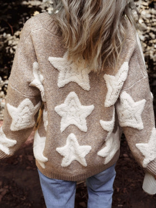 Neutral Tan , relaxed fit Sherpa Star Pattern Cardigan., with  v-neck and front button closure .