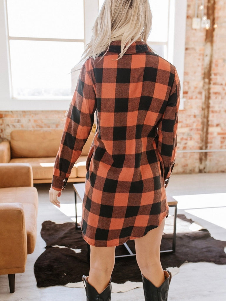 Brown , British longline plaid shirt coat with snap-button closure for easy wear, and a turn-down collar for a chic, polished look.