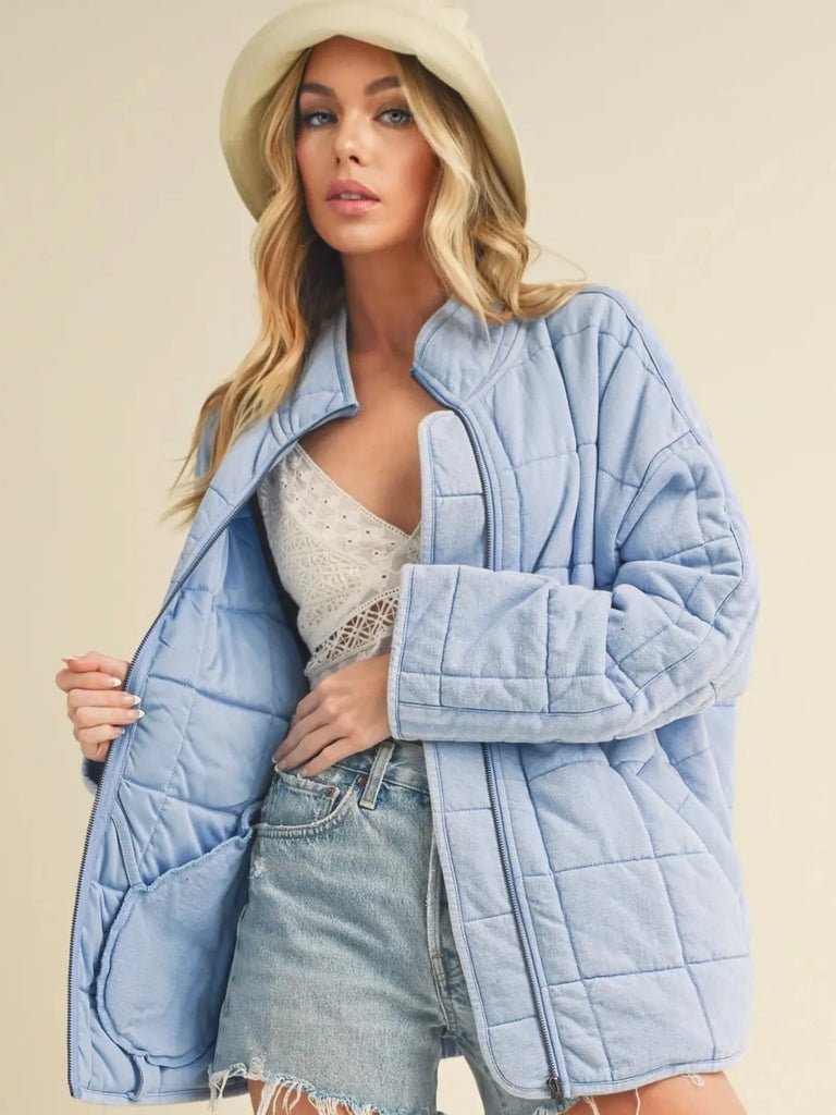 Blue Dixie front Zip Quilted Jacket, 100% cotton fabric, this oversized jacket features dolman sleeves .