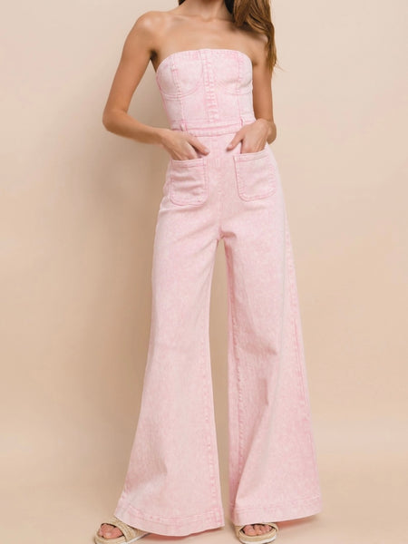 Pink Mineral Acid Washed Wide Leg Strapless  Tube Top Jumpsuit has 33"inseam and 2 little front pockets.