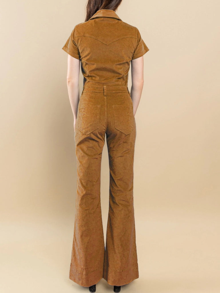 Tan Corduroy Jumpsuit ,button front, and a zipper, with pockets, and a flare leg.