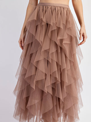  Mocha  Colour ,High Waist  Tulle Maxi Skirt, with multi-layered tulle mesh that creates a whimsical, cascading effect and its perfectly lined with a shorter inner skirt for modesty.