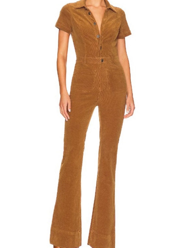 Tan Corduroy Jumpsuit ,button front, and a zipper, with pockets, and a flare leg.