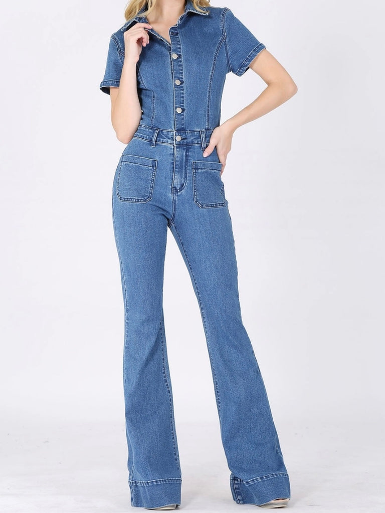 Boho-Inspired Bell Bottom Jumpsuit , with Stretch Denim and functional button-up front practical and stylish.