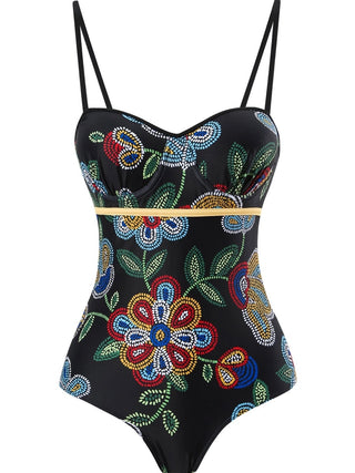 Classic Shape Black Floral Swimsuit with adjustable string shoulder and waist tie.