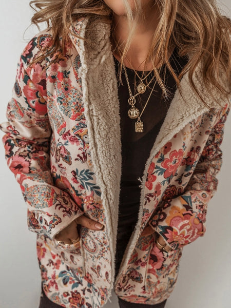 Sherpa Lined Floral Hooded Jacket