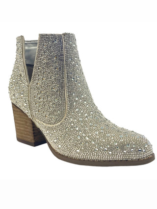 Silver western-style booties are adorned with dazzling rhinestones.