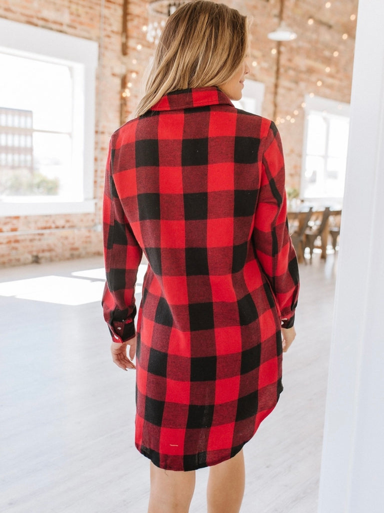 Red British longline plaid shirt coat with snap-button closure for easy wear, and a turn-down collar for a chic, polished look.