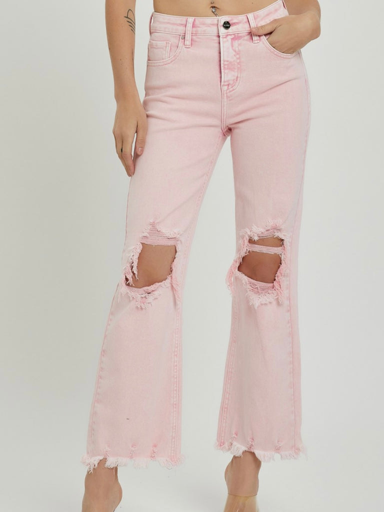  Acid Pink Jeans. Cropped length, distressed knees and cuff.