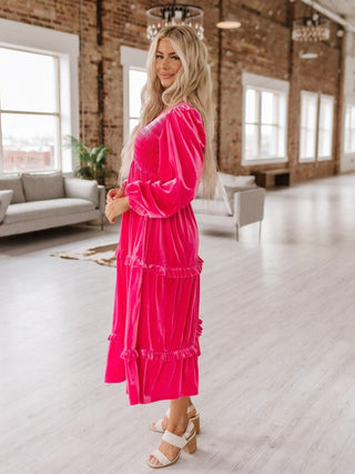 Bold, eye-catching pink colour, Velvet Dress, Flattering shirred design, V-neckline for added elegance with Long sleeves for a refined touch.