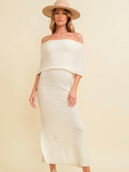 Ivory Creme off-shoulder Midi  dress, is made with a 50/50 blend of acrylic and polyamide.