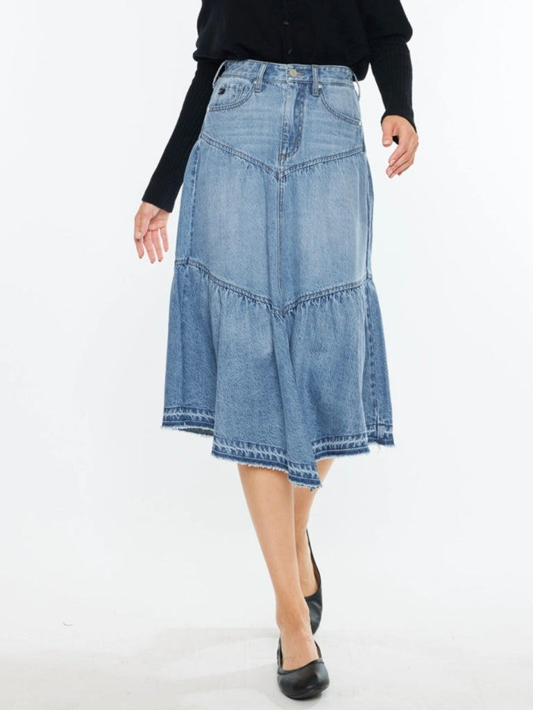  Medium Wash colour, Ruffle Denim Skirt with a  5-pocket style and rigid stretch flowy skirt bottom , which provides comfort and flirty flare.