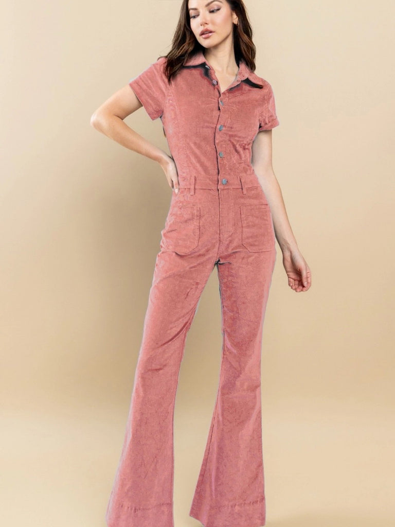  Pink Corduroy Jumpsuit ,button front, and a zipper, with pockets, and a flare leg.