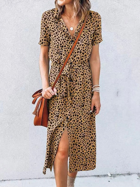  Leopard Print ,lightweight and comfortable shirt dress features a turn-down collar, short sleeves, waist tie, and button closure.