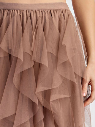  Mocha  Colour ,High Waist  Tulle Maxi Skirt, with multi-layered tulle mesh that creates a whimsical, cascading effect and its perfectly lined with a shorter inner skirt for modesty.