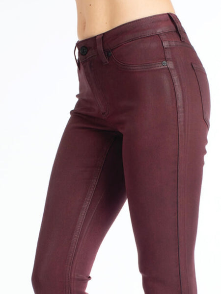  Burgundy Colour Coated high-rise super skinny jeans, with fake front pockets, and single-button front closure, zip-fly.