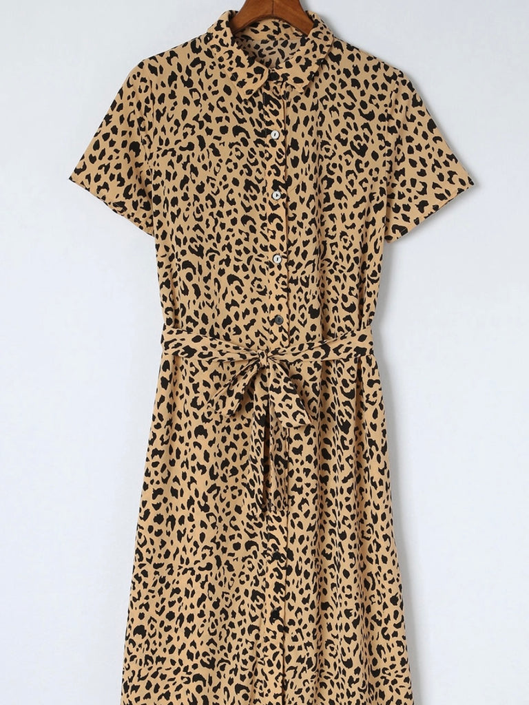  Leopard Print ,lightweight and comfortable shirt dress features a turn-down collar, short sleeves, waist tie, and button closure.