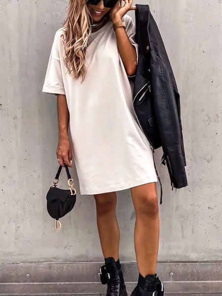 Neutral stone colour Oversized fit T-Shirt Dress, One-size option, Crew neckline and short sleeves.