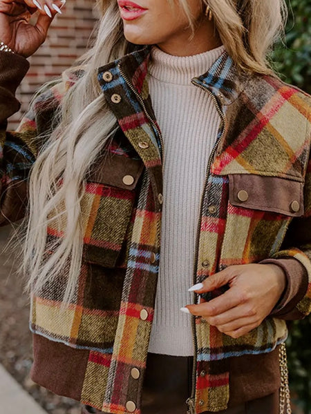 Almond Plaid Bomber Jacket