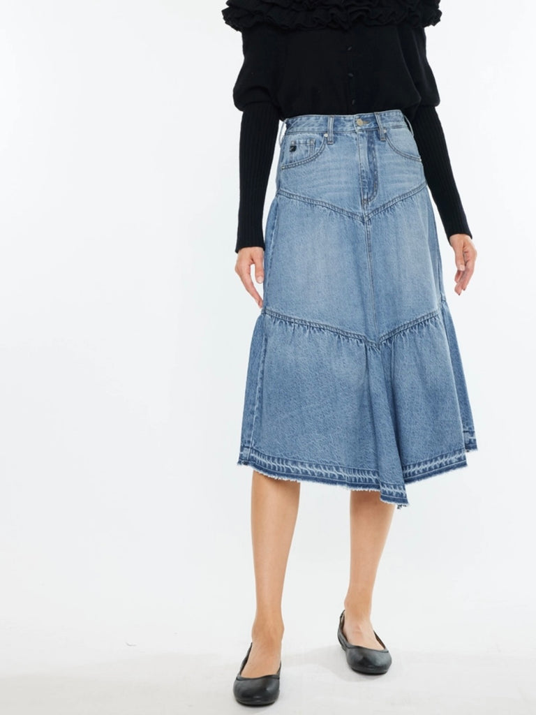  Medium Wash colour, Ruffle Denim Skirt with a  5-pocket style and rigid stretch flowy skirt bottom , which provides comfort and flirty flare.