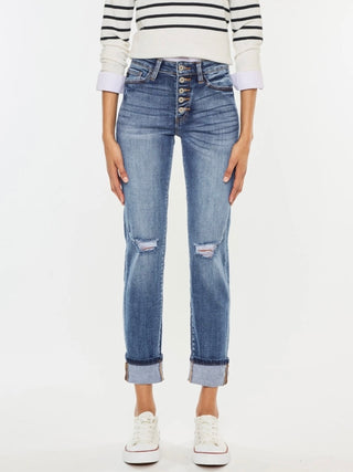 High Rise Button Fly Straight Leg Jeans , cuffed hem, and slight destruction