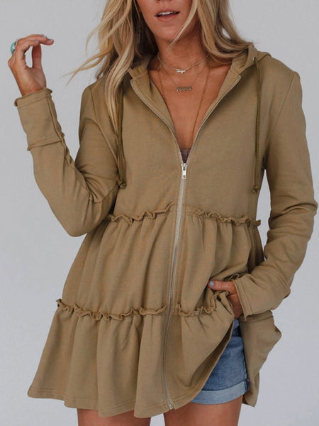 Khaki neutral, Long Fit Ruffled Hoodie, has layered ruffled design and zippered detail with drawstring hood.