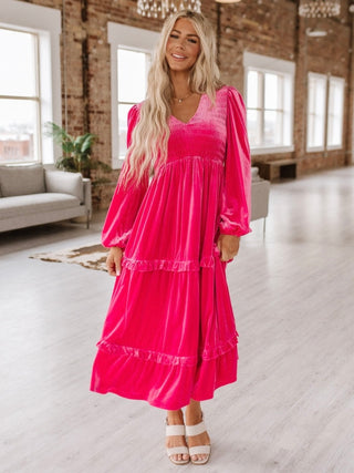 Bold, eye-catching pink colour, Velvet Dress, Flattering shirred design, V-neckline for added elegance with Long sleeves for a refined touch.