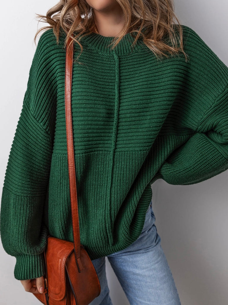 Blackish Green Sweater with Cozy textured knit fabric,
Elegant lantern sleeves and a 
Stylish crew neck design.