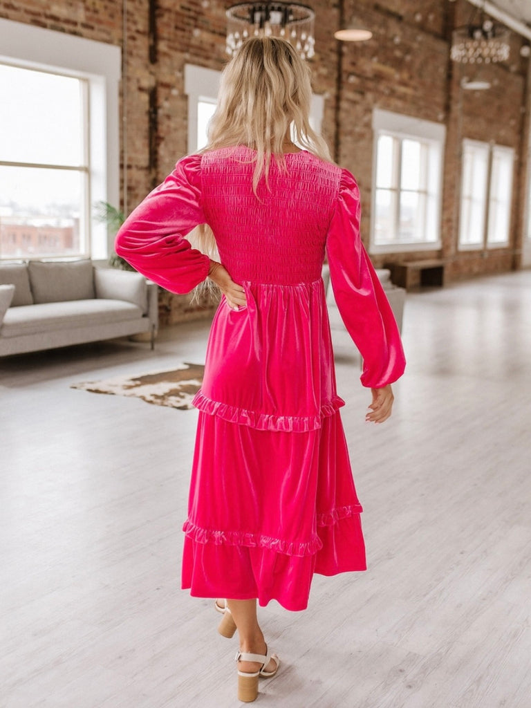 Bold, eye-catching pink colour, Velvet Dress, Flattering shirred design, V-neckline for added elegance with Long sleeves for a refined touch.