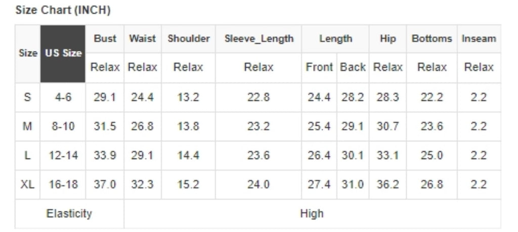 Size Chart for Down in Front Jumpsuit