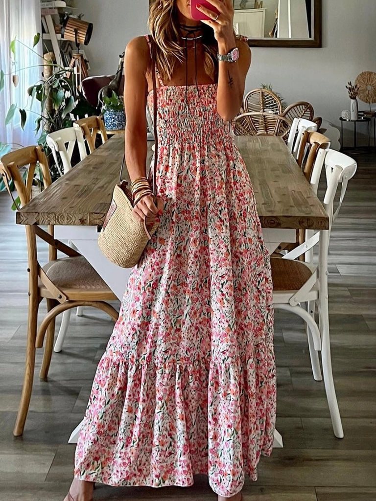 long maxi dress for spring with red flowers and tie straps