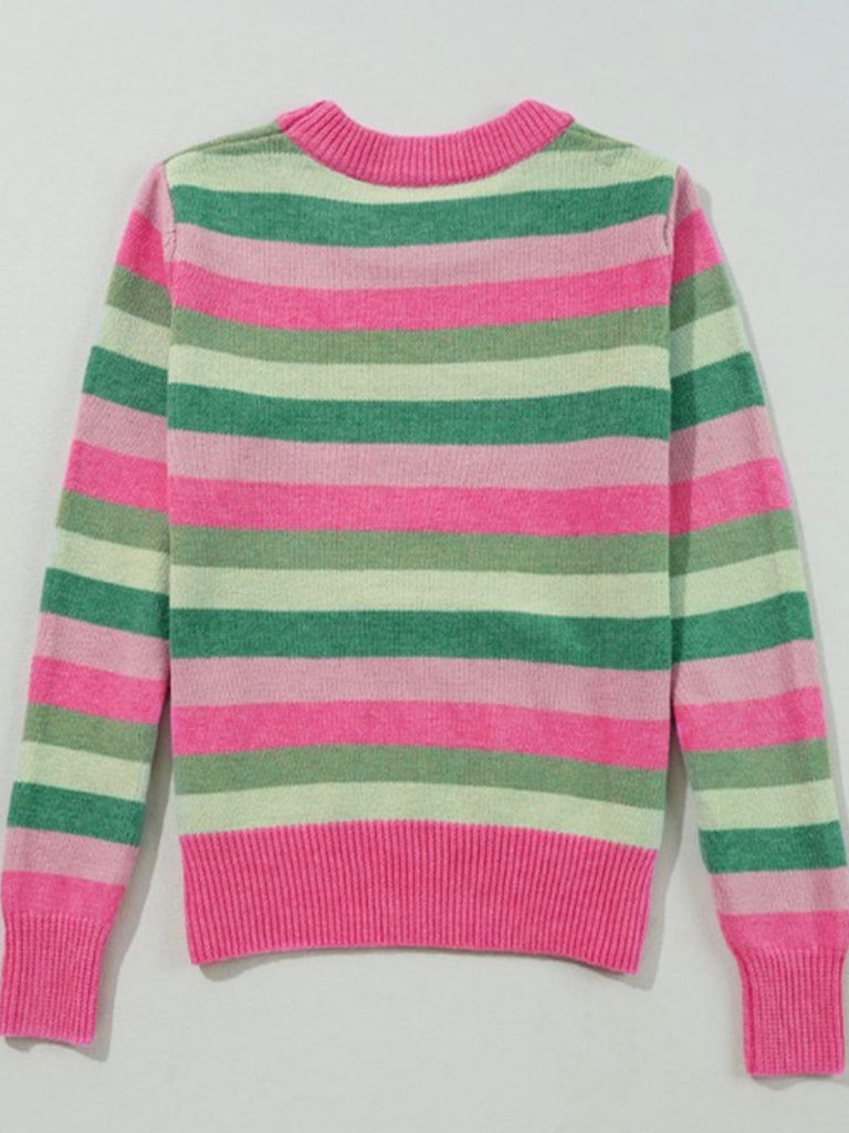 Pink Greenery , Stripe Sweater ,with  color-block stripes , features a Relaxed, comfortable silhouette with a flattering round neck, and ribbed edges at cuffs and hemline for added style and coziness.