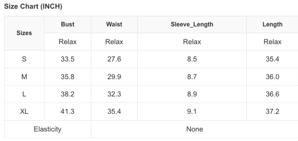 Size Chart for Crete Ruffle Sleeve Dress