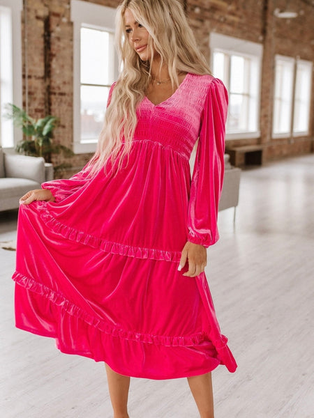 Bold, eye-catching pink colour, Velvet Dress, Flattering shirred design, V-neckline for added elegance with Long sleeves for a refined touch.