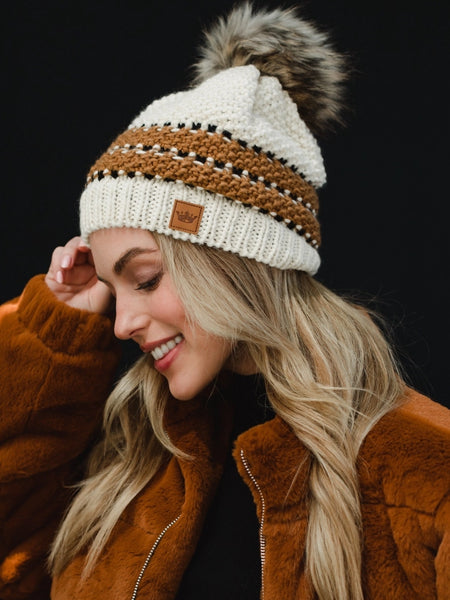  Cream stripe hat, fleece-lined 100% acrylic knit, topped with natural faux-fur pom