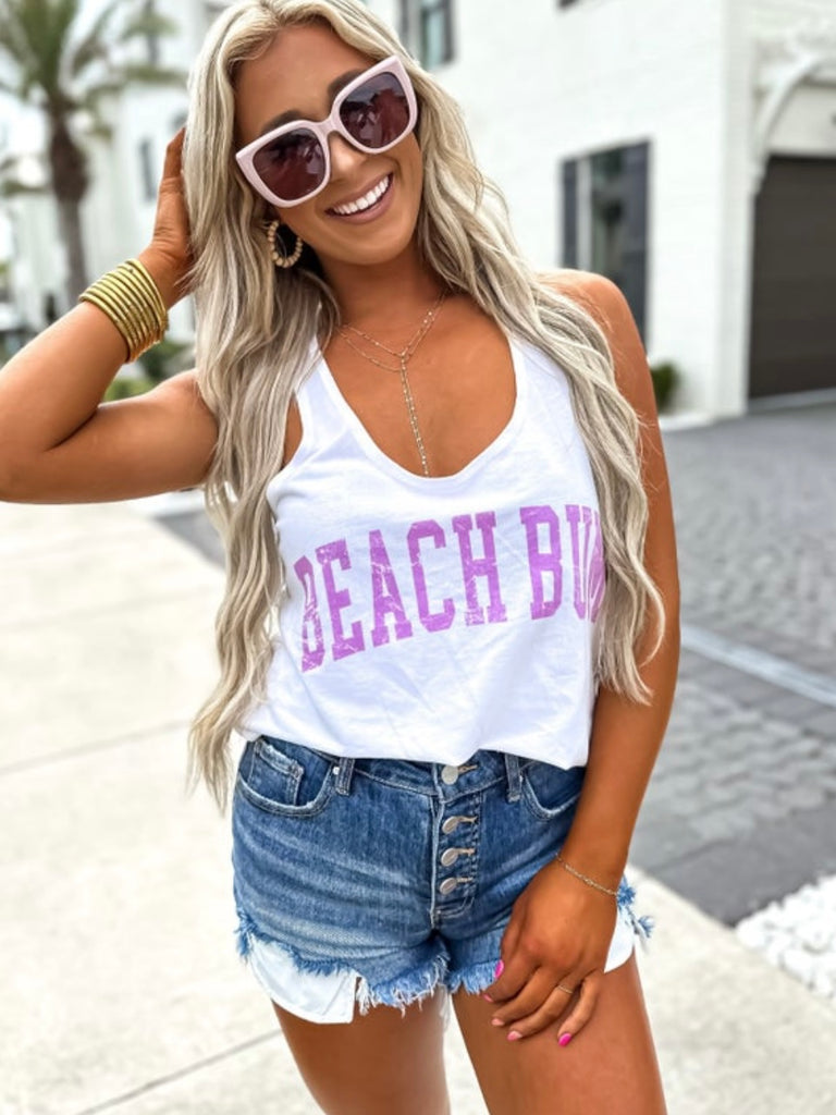 White Beach Bum Tank Top with Purple front graphic for that pop of colour.