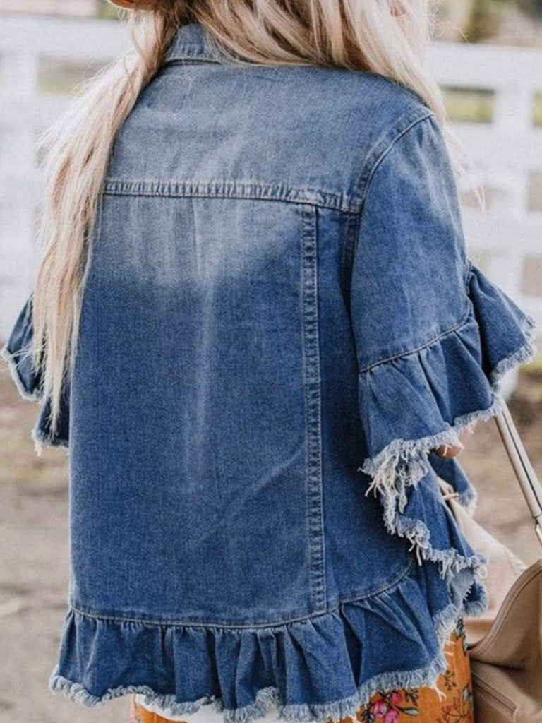 Ruffled  Hem Jean Jacket with durable denim fabric ruffled sleeves and raw edge add a touch of modernity.