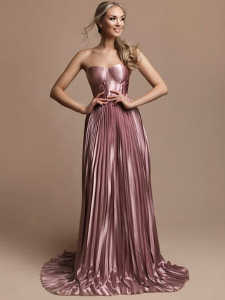 Rose Coloured Satin Dress with Pleated Skirt and Versatile tie back with removable straps.