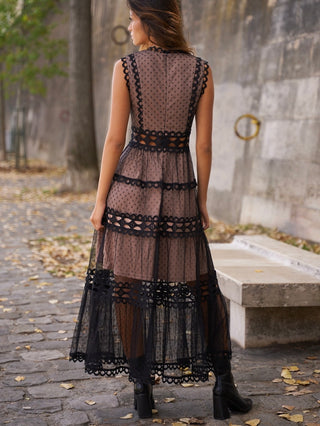 Ellie Long Lace,  Black and Nude Dress with deep V-neckline and cut-out waist.